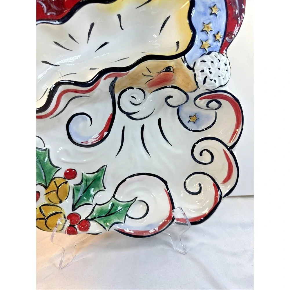 Vtg Clay Art Ceramic Merry Santa Divided 3-Section Chip & Dip Christmas Patter